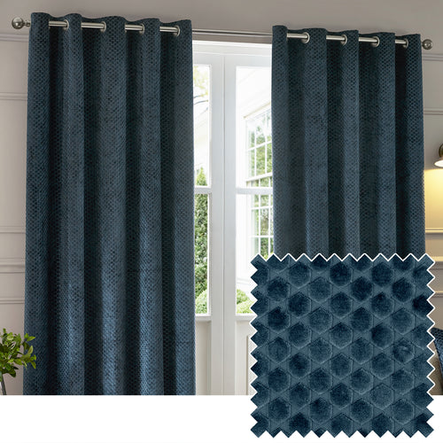 Geometric Blue Curtains - Neptune Fully Lined Velvet Eyelet Curtains Navy Paoletti