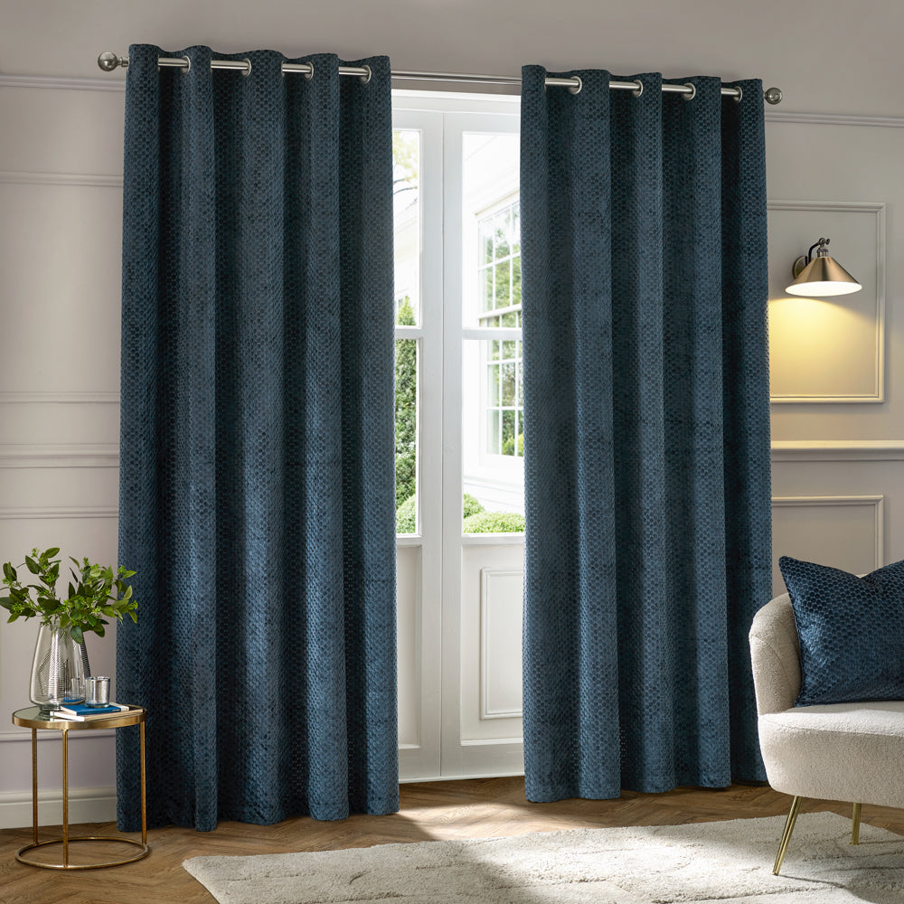 Geometric Blue Curtains - Neptune Fully Lined Velvet Eyelet Curtains Navy Paoletti