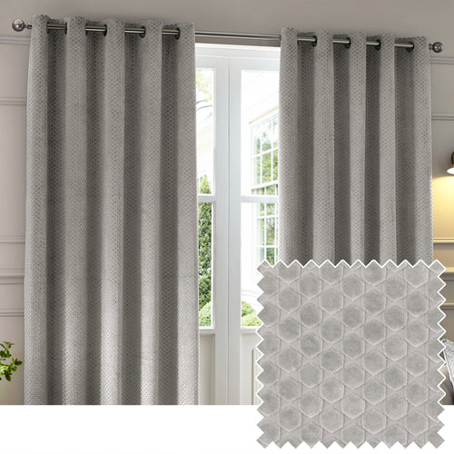 Geometric Grey Curtains - Neptune Fully Lined Velvet Eyelet Curtains Silver Paoletti