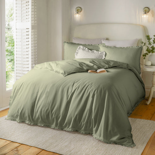 Plain Green Bedding - Tilly 100% Cotton Ruffle Duvet Cover Set Sage Wylder