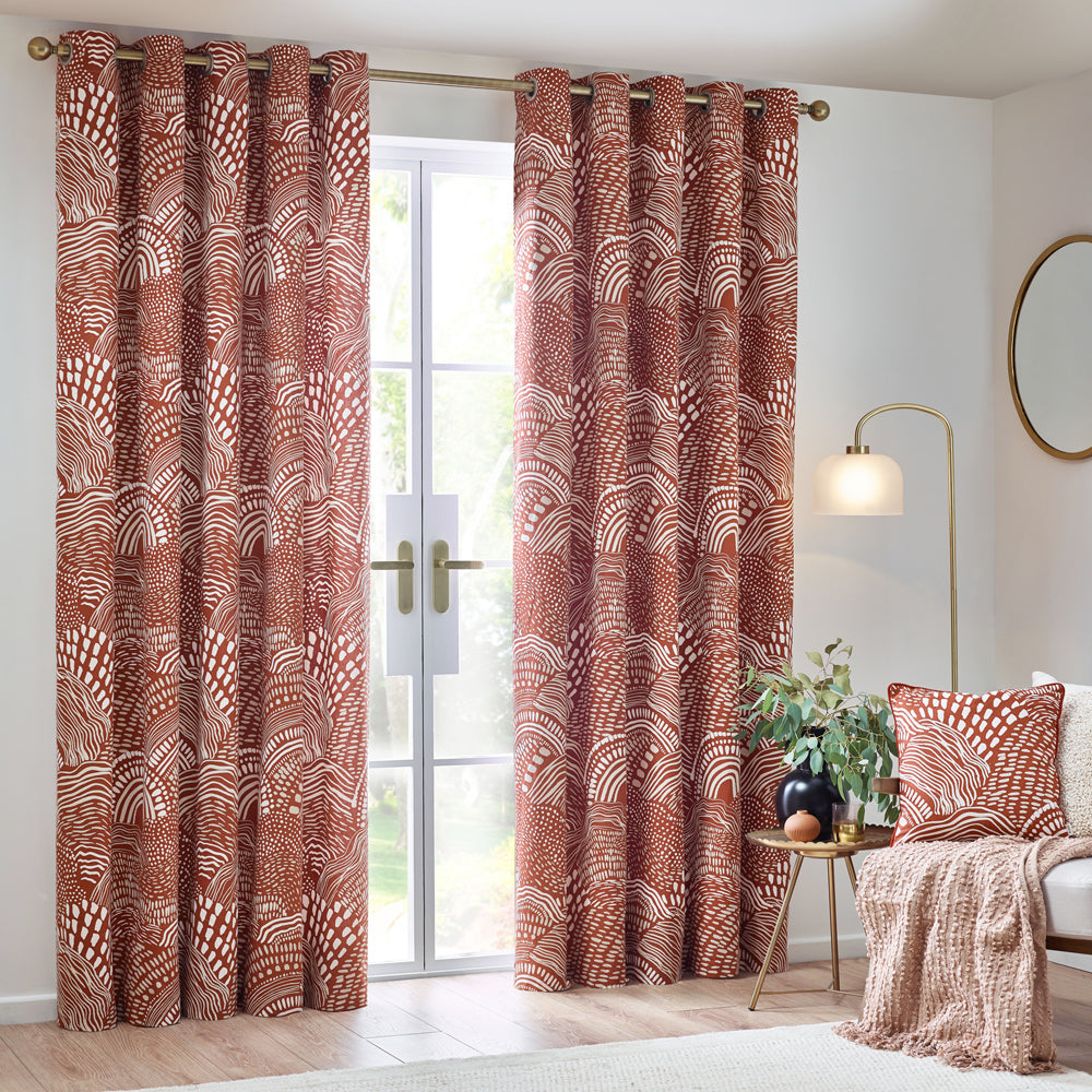 Nola Abstract 100% Cotton Lined Curtains Chestnut