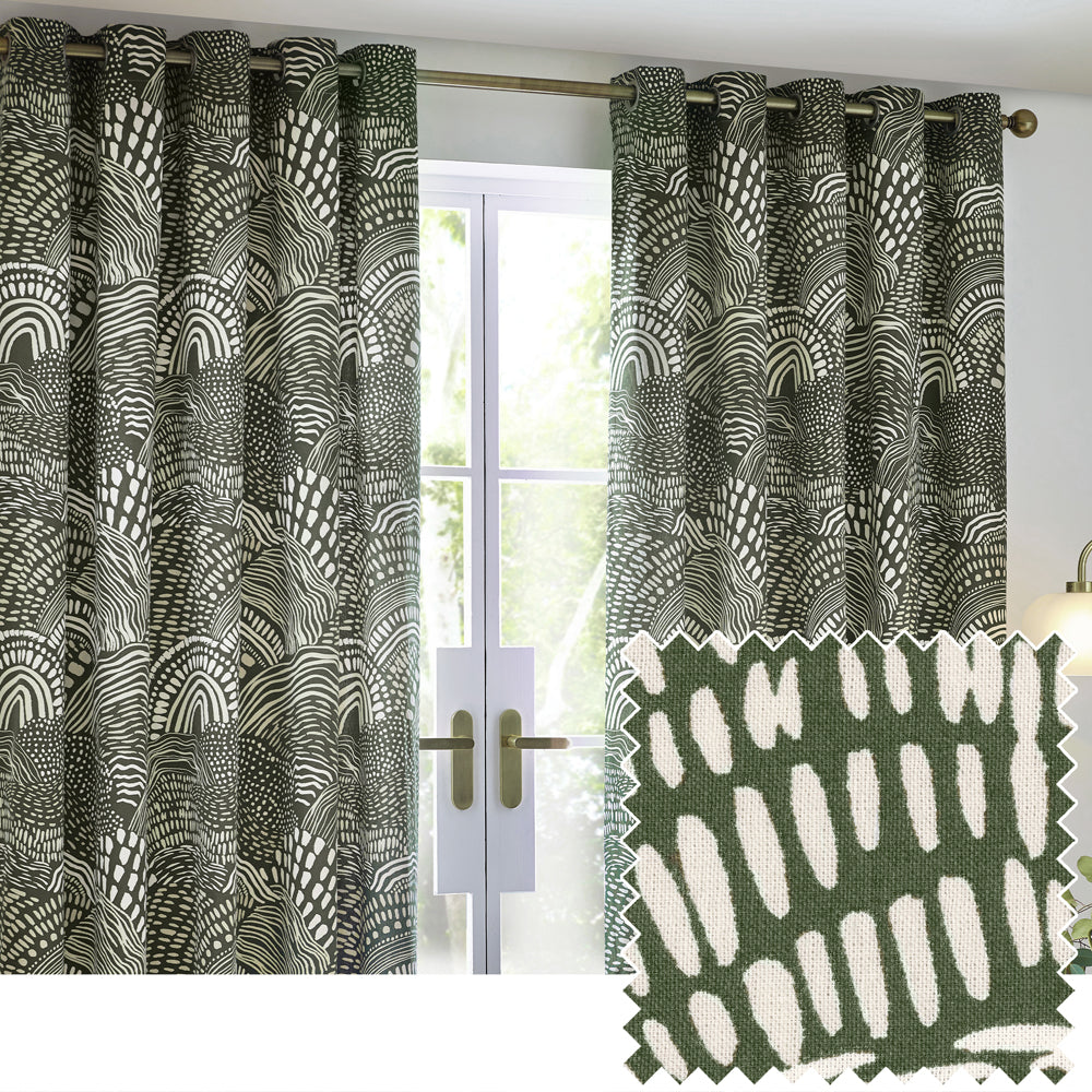 Nola Abstract 100% Cotton Lined Curtains Olive