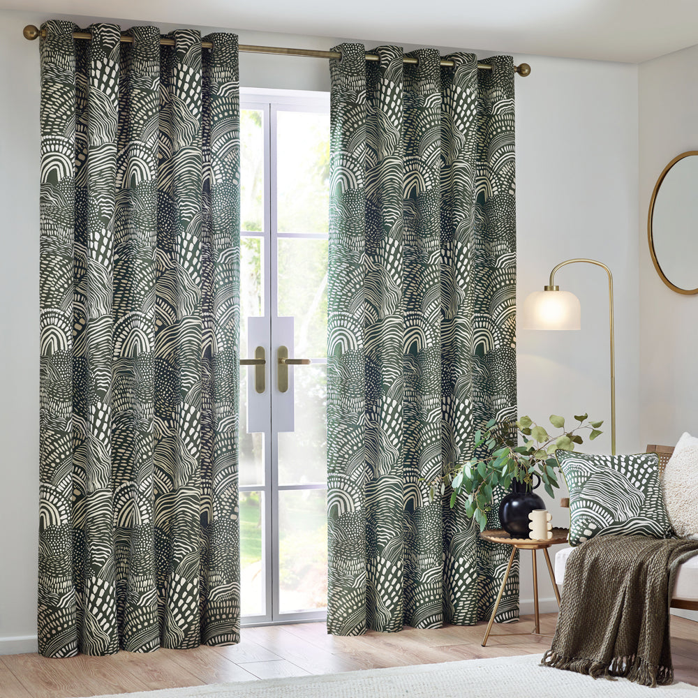 Nola Abstract 100% Cotton Lined Curtains Olive
