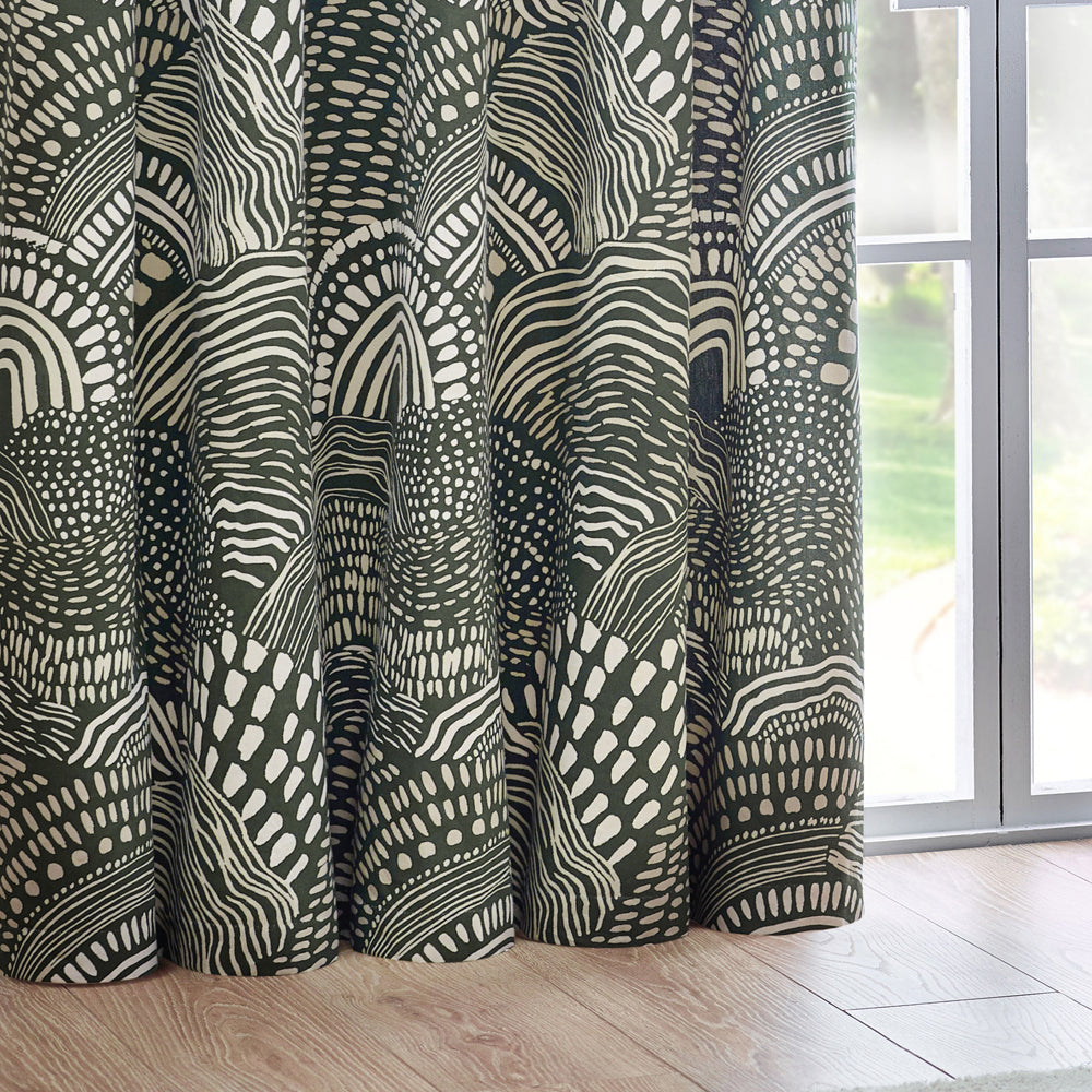 Nola Abstract 100% Cotton Lined Curtains Olive