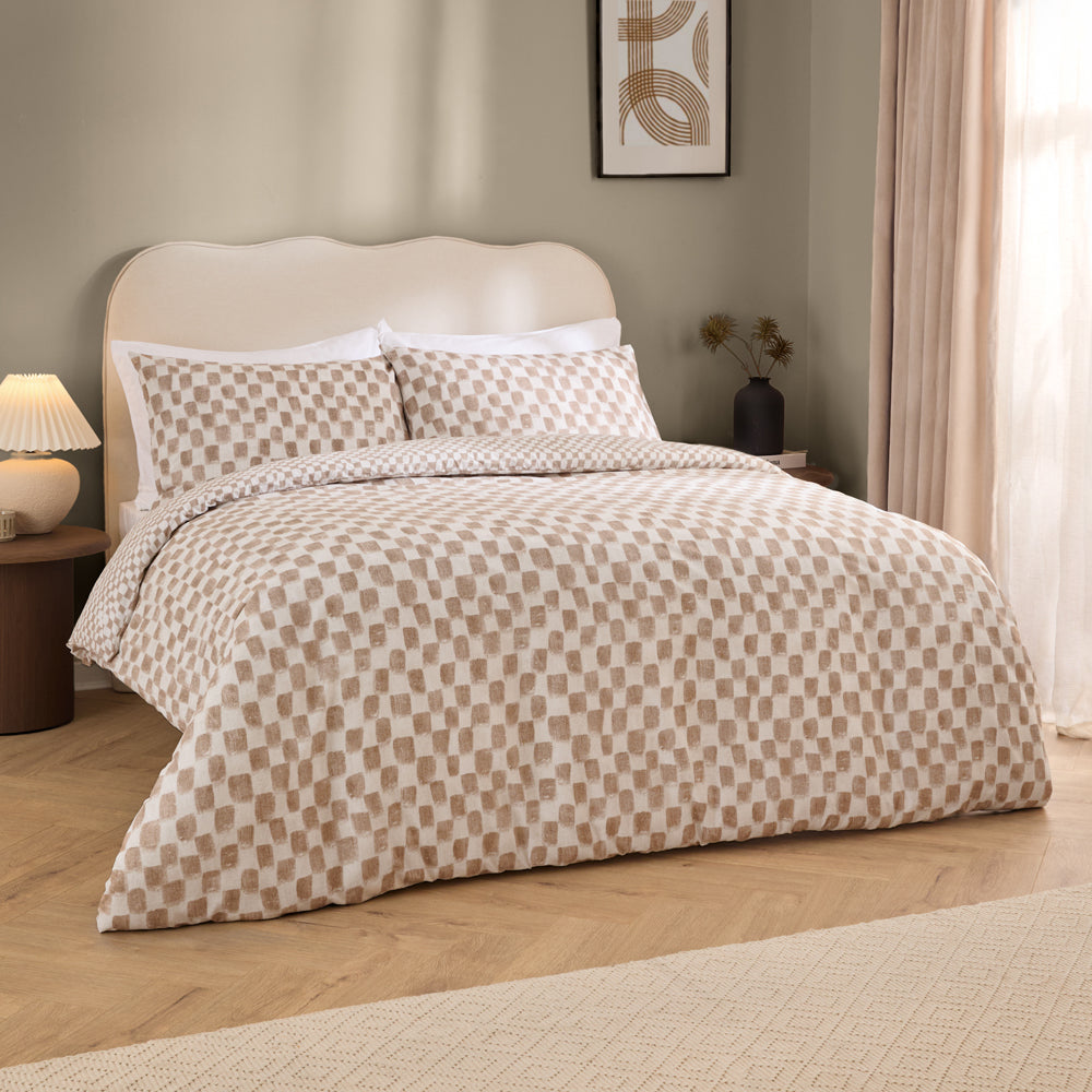 Nyhavn Beige Checkerboard Reversible Duvet Cover Set | Tobacco Bedding