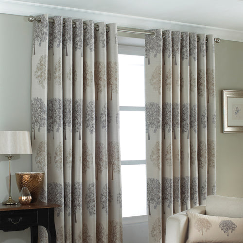  Grey Curtains - Oakdale Tree Motif Eyelet Curtains Silver Paoletti