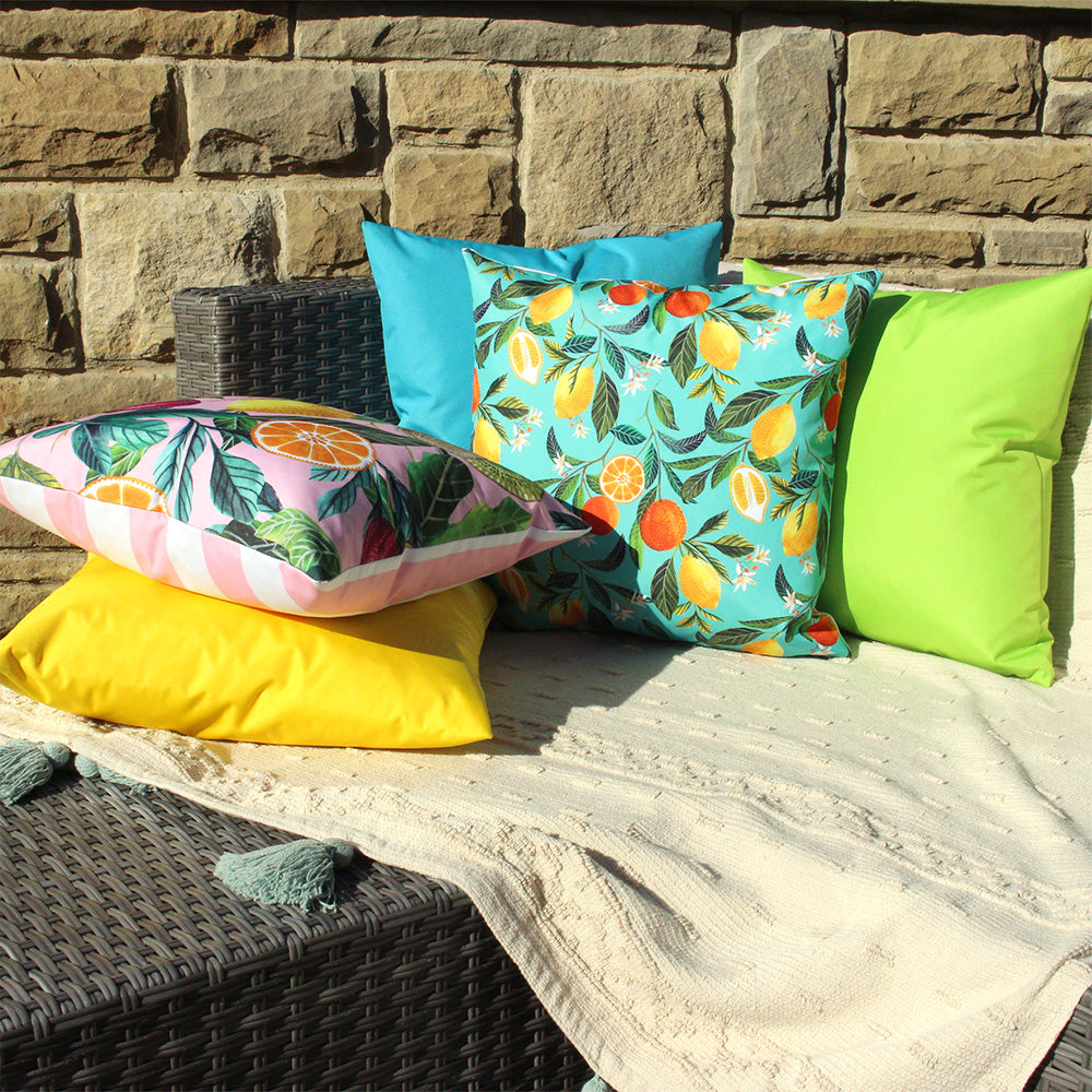 Teal and yellow outdoor pillows sale