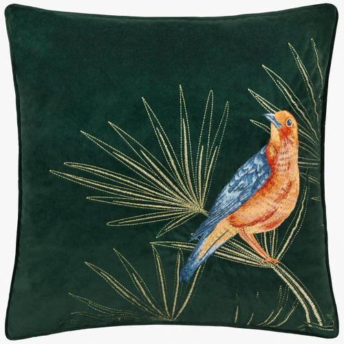 Animal Green Cushions - Odisha Exotic Bird Embroidered Cushion Cover Emerald Paoletti