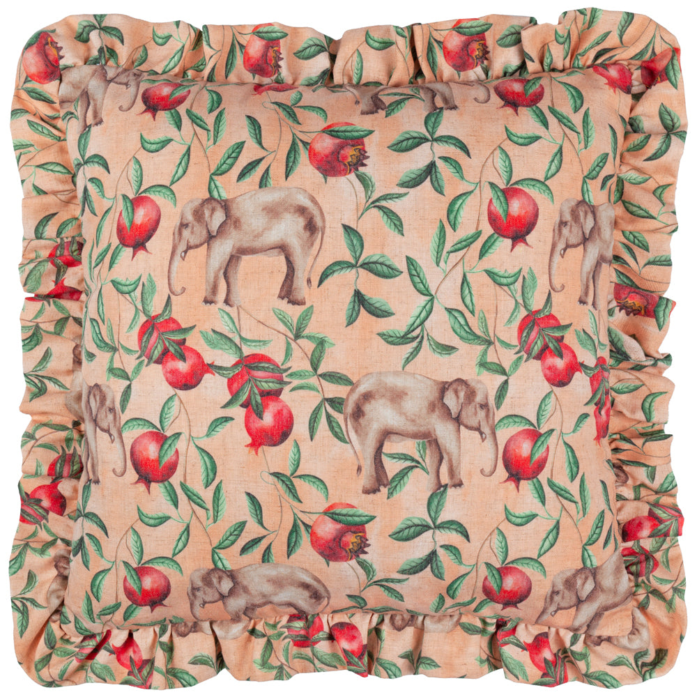 Okara Elephant Printed Ruffle Cushion Peach/Linen