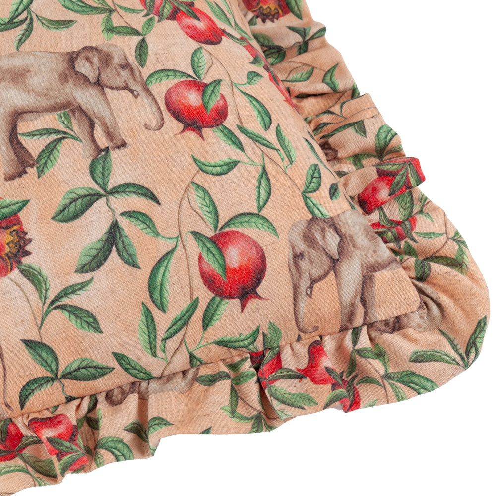 Okara Elephant Printed Ruffle Cushion Peach/Linen