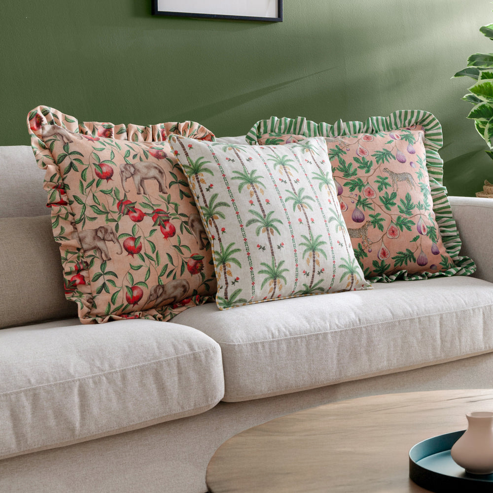 Okara Elephant Printed Ruffle Cushion Peach/Linen