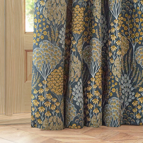 Floral Blue Curtains - Ophelia Floral Jacquard Pencil Pleat Curtains Blue/Saffron Wylder