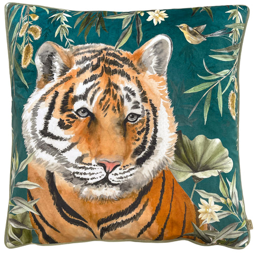 Animal Blue Cushions - Orient Tiger Head Cushion Cover Teal Wylder