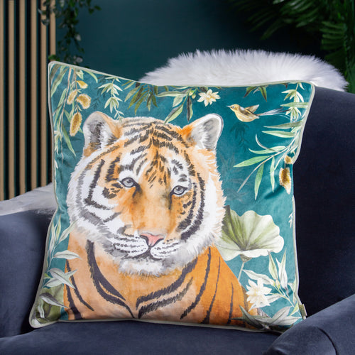 Animal Blue Cushions - Orient Tiger Head Cushion Cover Teal Wylder