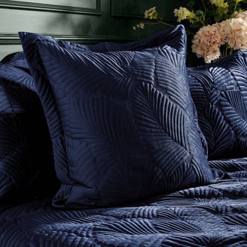 Jungle Blue Cushions - Palmeria Quilted Velvet Cushion Cover Navy Paoletti