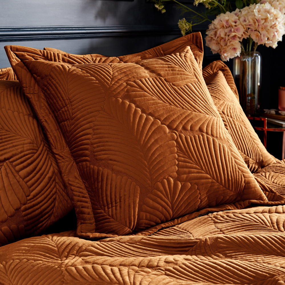 Jungle Orange Cushions - Palmeria Quilted Velvet Cushion Cover Rust Paoletti