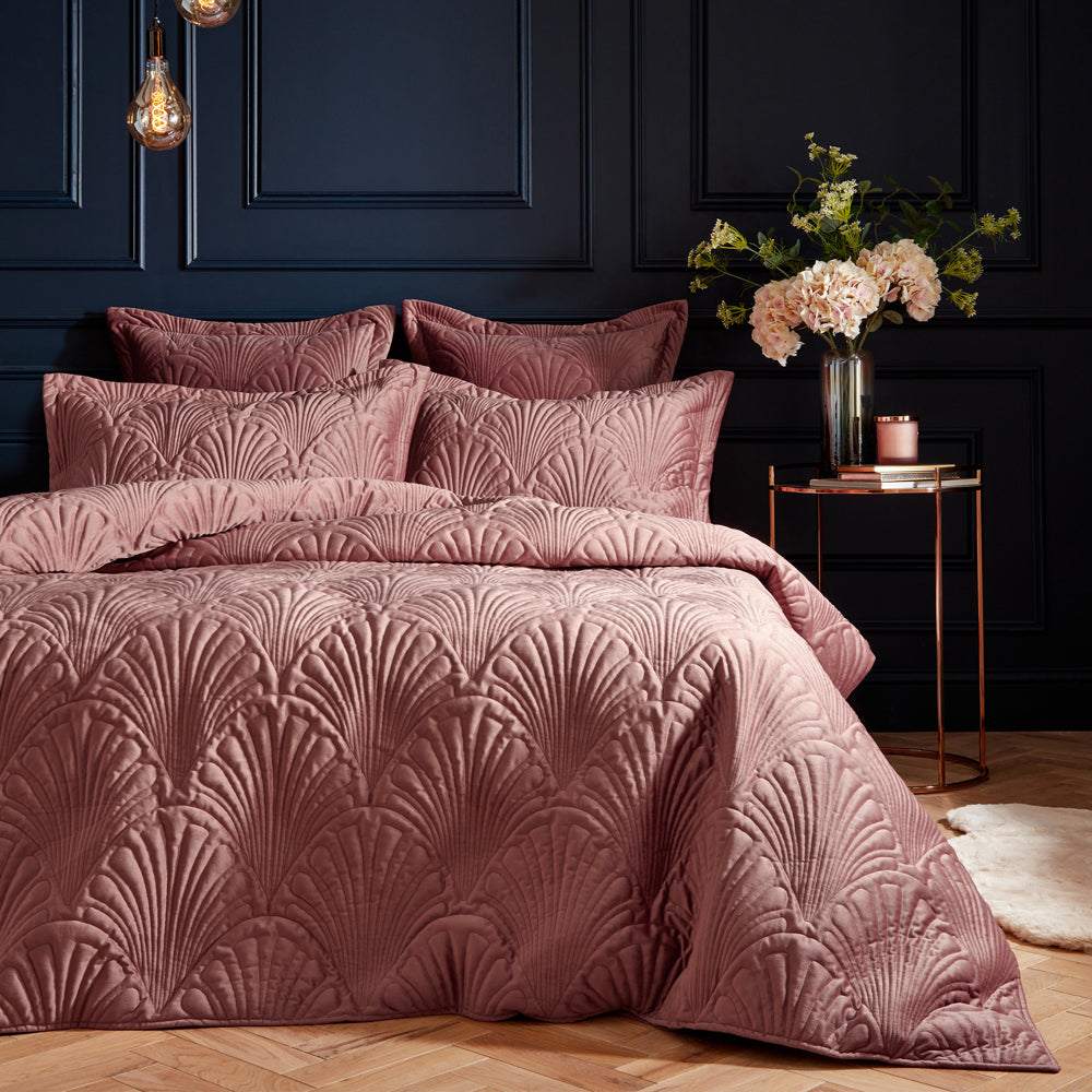 Jungle Pink Bedding - Palmeria Quilted Velvet Duvet Cover Set Blush Paoletti