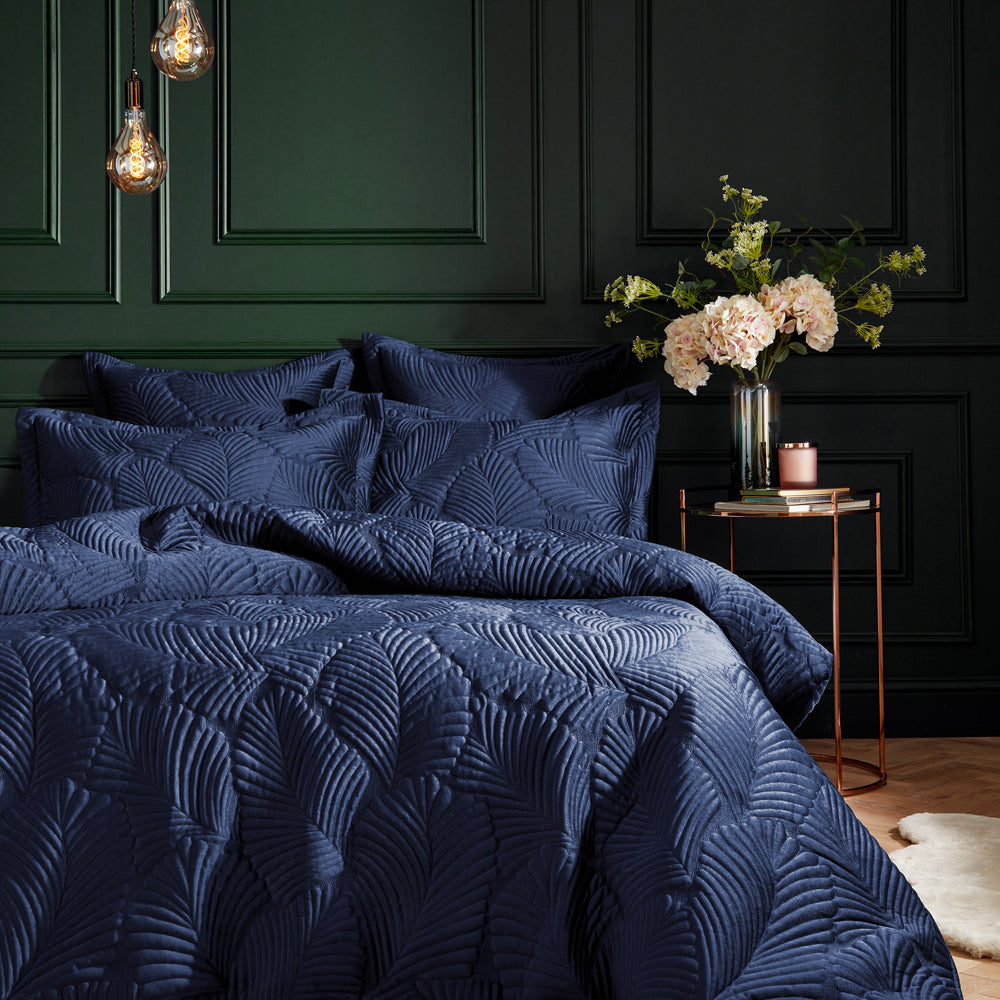 Jungle Blue Bedding - Palmeria Quilted Velvet Duvet Cover Set Navy Paoletti