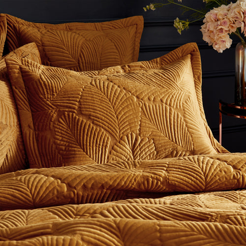 Jungle Gold Bedding - Palmeria Quilted Velvet Pillowcase Gold Paoletti