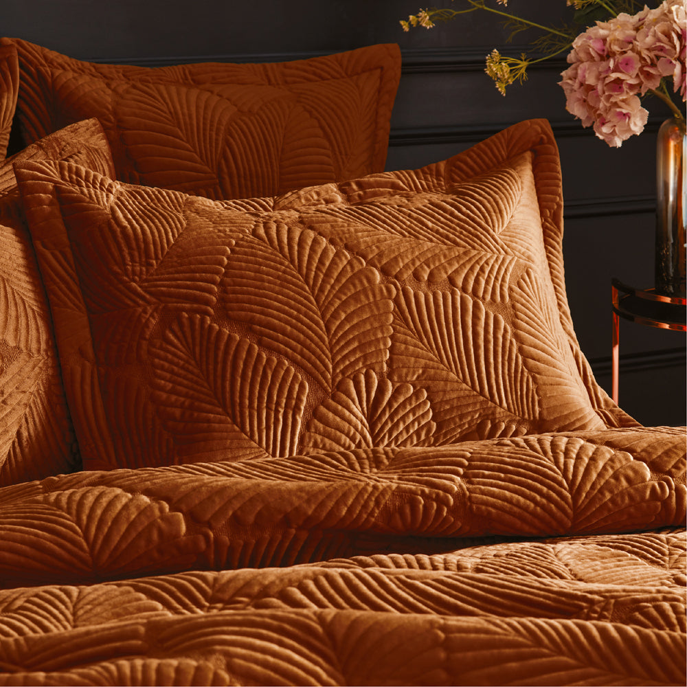 Jungle Orange Bedding - Palmeria Quilted Velvet Pillowcase Rust Paoletti