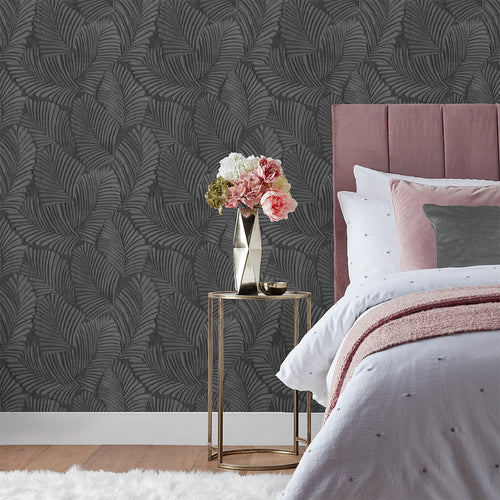 Jungle Black Wallpaper - Palmeria Vinyl Wallpaper Sample Black Paoletti