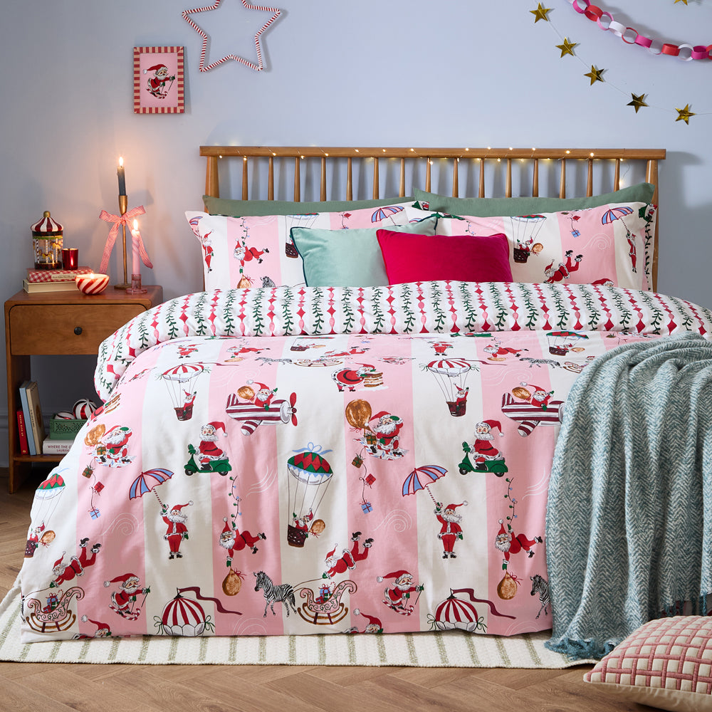 Striped Pink Bedding - Passport To The North Pole Christmas Reversible Duvet Cover Set Candy Floss/Linen Furn