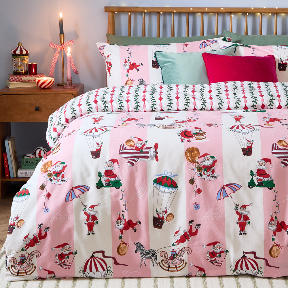 Passport To The North Pole Christmas Reversible Duvet Cover Set Candy Floss/Linen