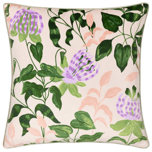 Floral Green Cushions - Passiflora Piped Velvet Cushion Cover Peach/Vine Green Wylder Nature