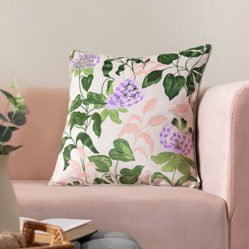 Floral Green Cushions - Passiflora Piped Velvet Cushion Cover Peach/Vine Green Wylder