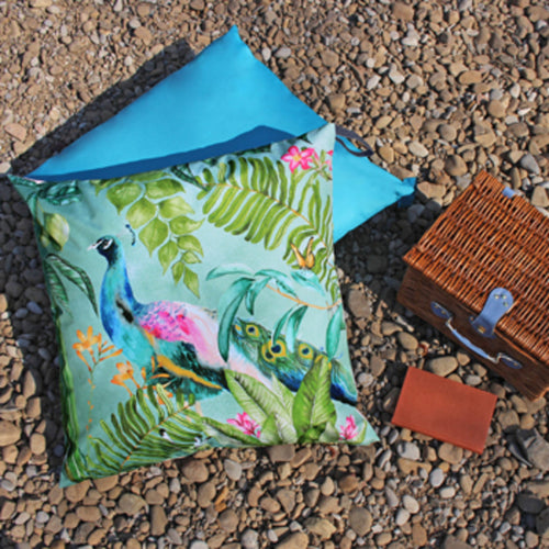 Animal Blue Cushions - Peacock Large 70cm Outdoor Floor Cushion Cover Seafoam Evans Lichfield