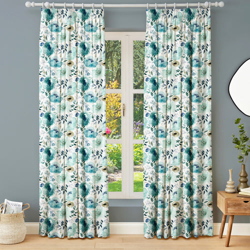 Floral Blue M2M - Peony + Delphinium Teal Floral Made to Measure Curtains Evans Lichfield