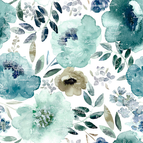 Floral Blue M2M - Peony + Delphinium Teal Floral Fabric Sample Evans Lichfield