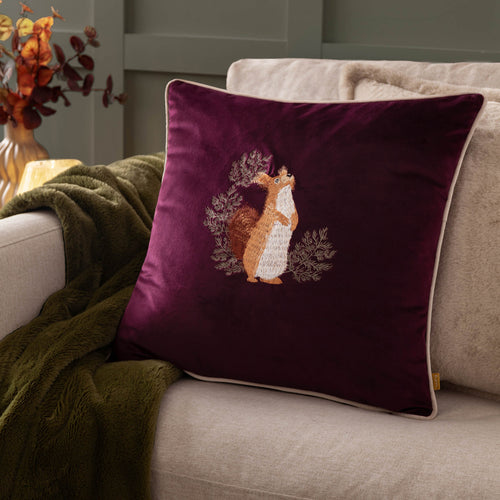 Animal Purple Cushions - Pineberry Forest Embroidered Velvet Cushion Cover Plum furn.