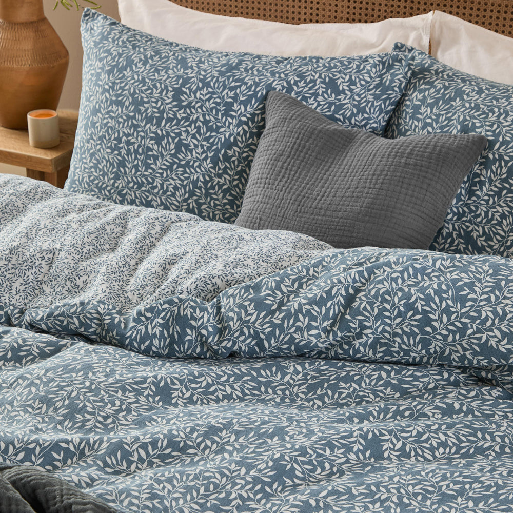 Perrie Leaf Muslin 100% Cotton Duvet Cover Set Denim