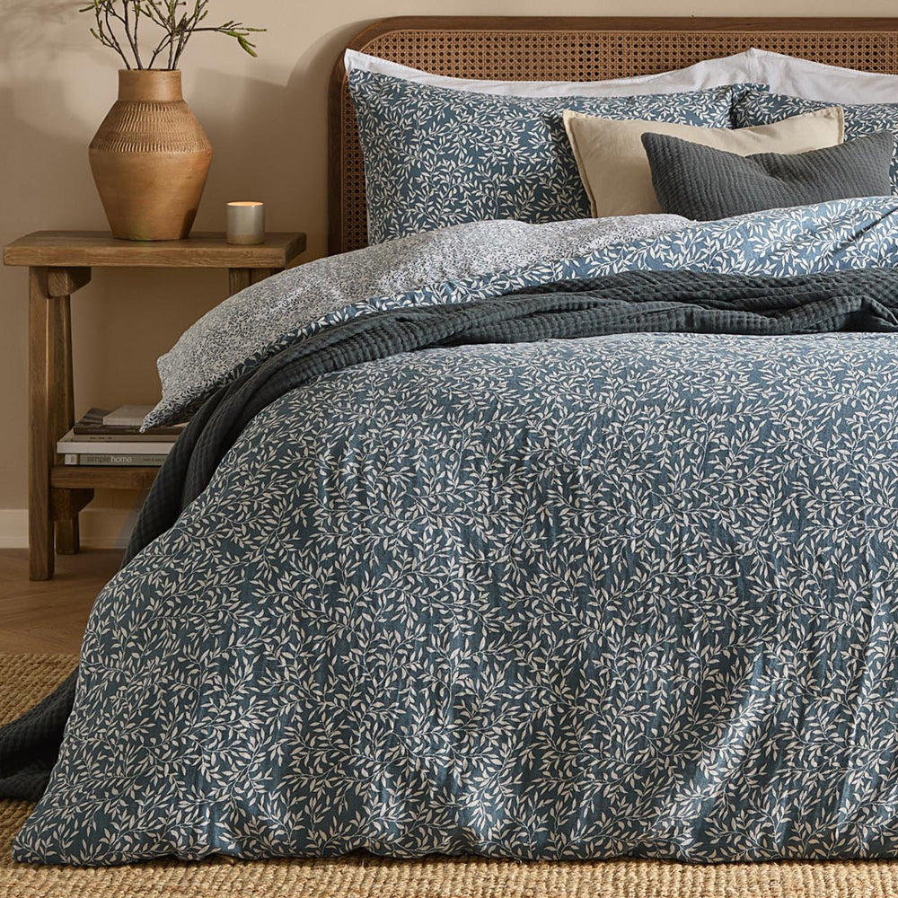 Perrie Leaf Muslin 100% Cotton Duvet Cover Set Denim