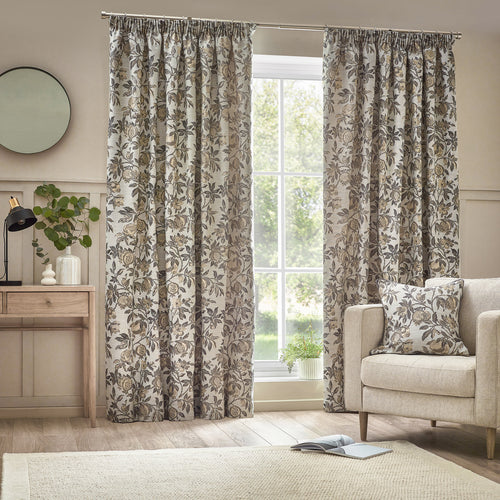 Floral Beige Curtains - Pomegranate  Pencil Pleat Curtains Natural Wylder