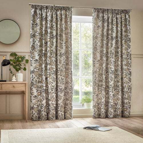 Floral Beige Curtains - Pomegranate  Pencil Pleat Curtains Natural Wylder