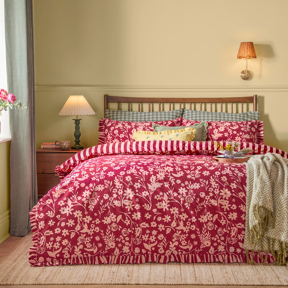 Floral Purple Bedding - Posie Reversible Frilled Duvet Cover Set Berry Furn