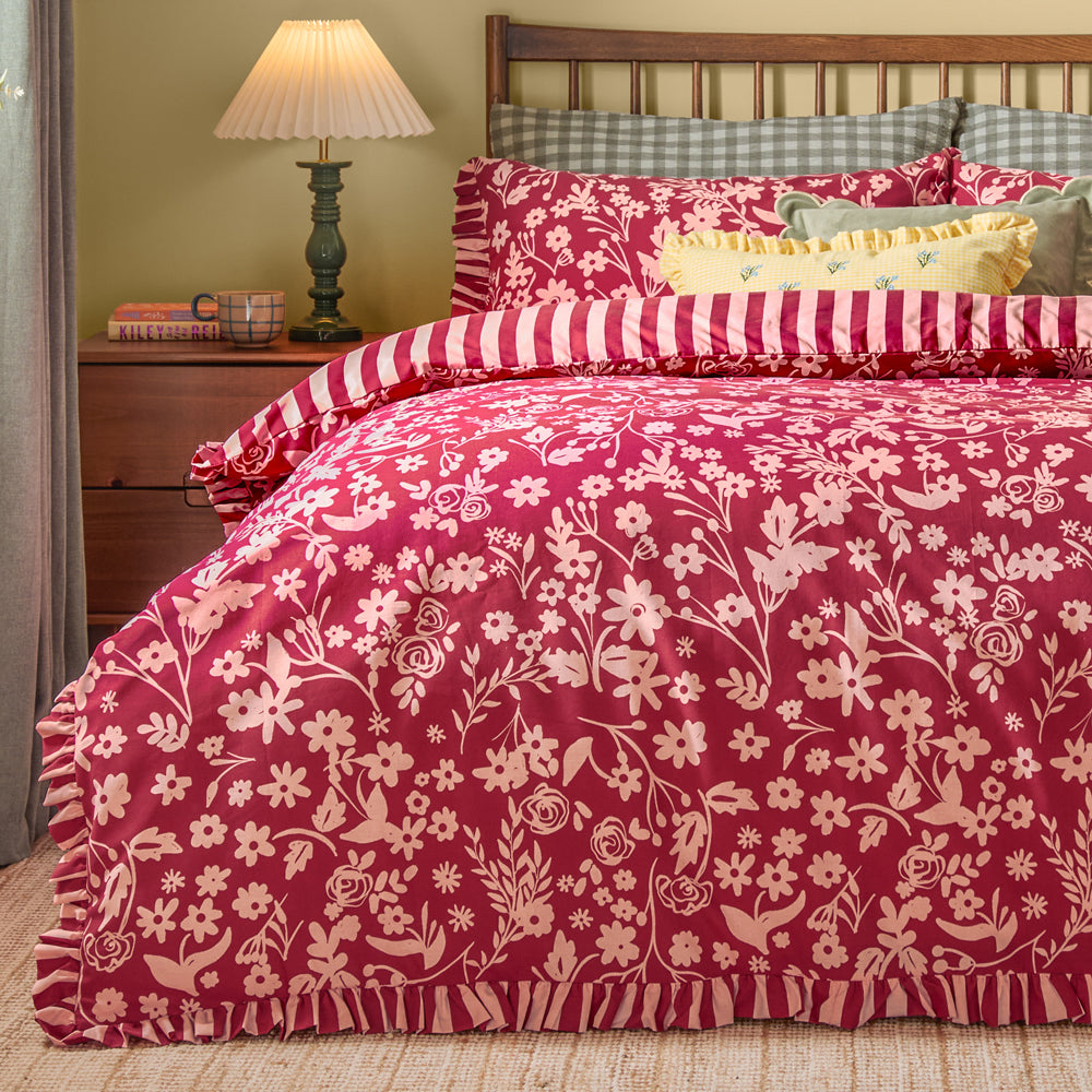 Posie Reversible Frilled Duvet Cover Set Berry