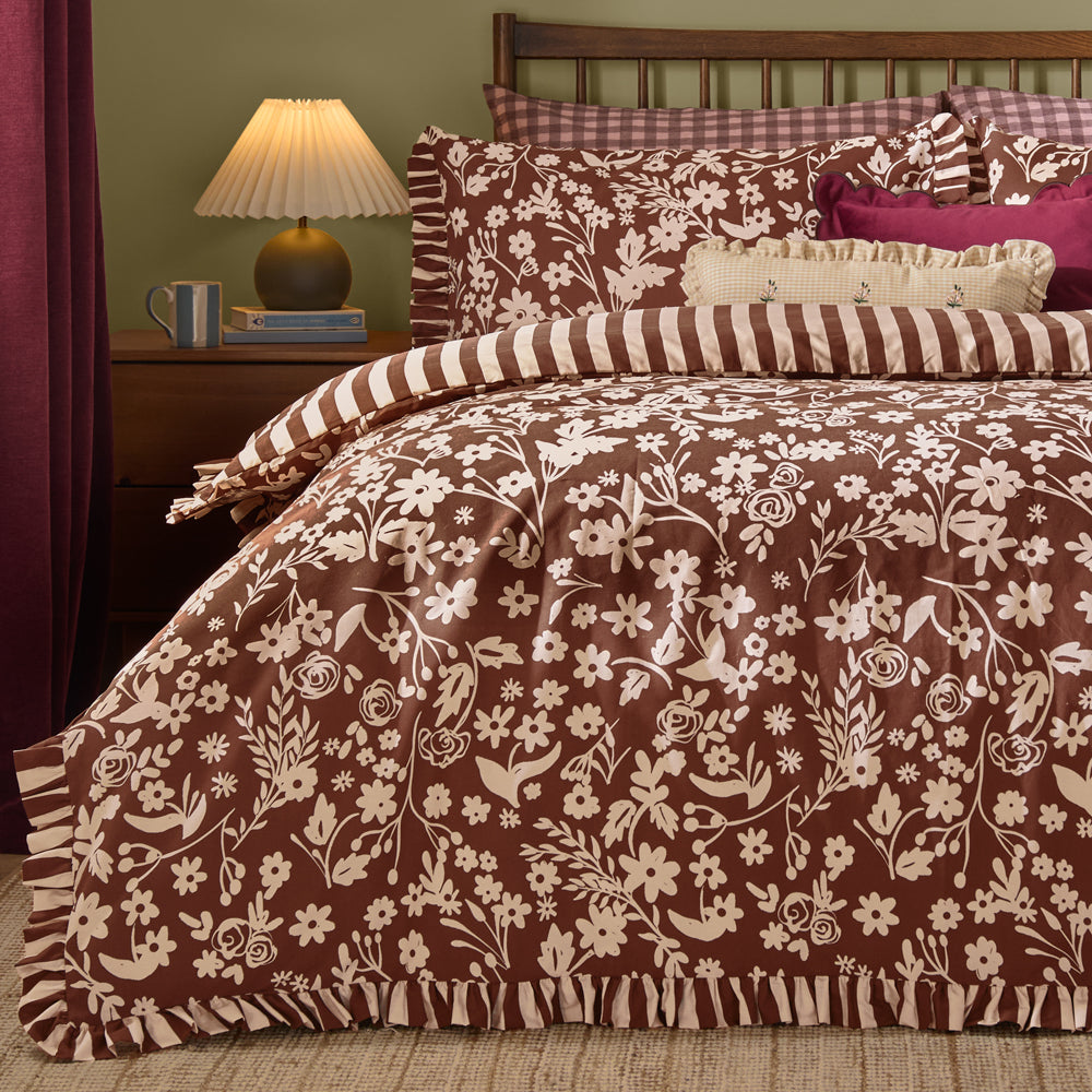 Posie Reversible Frilled Duvet Cover Set Chocolate