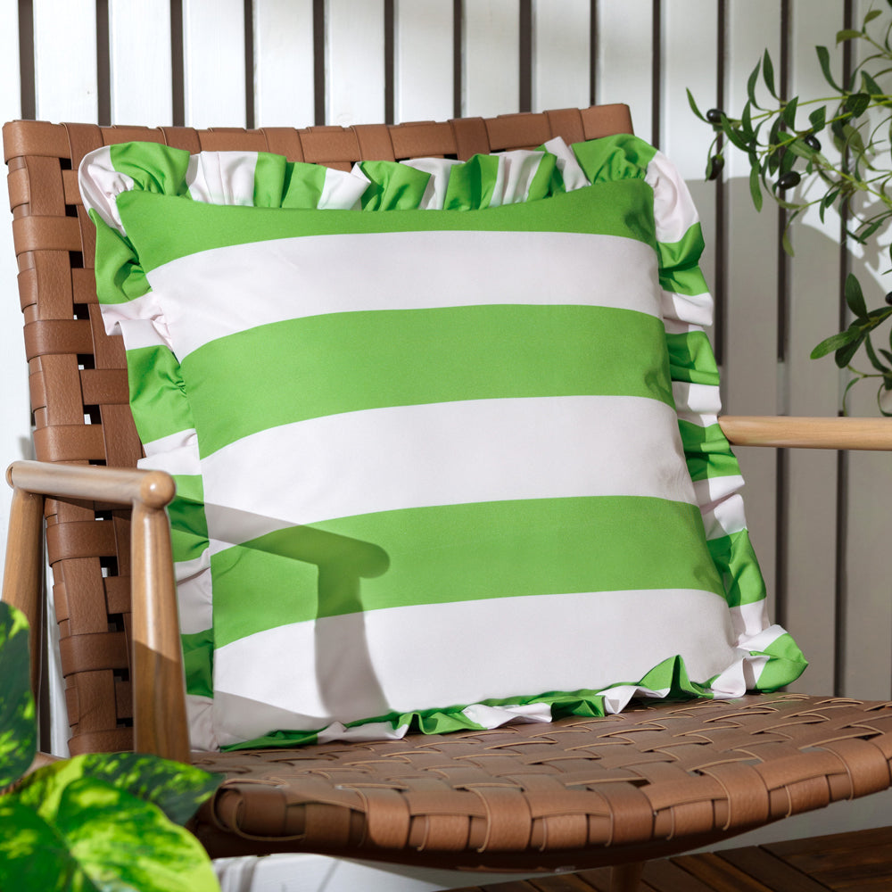 Palm Royale Stripe Ruffle Green Printed Outdoor Cushion Cover