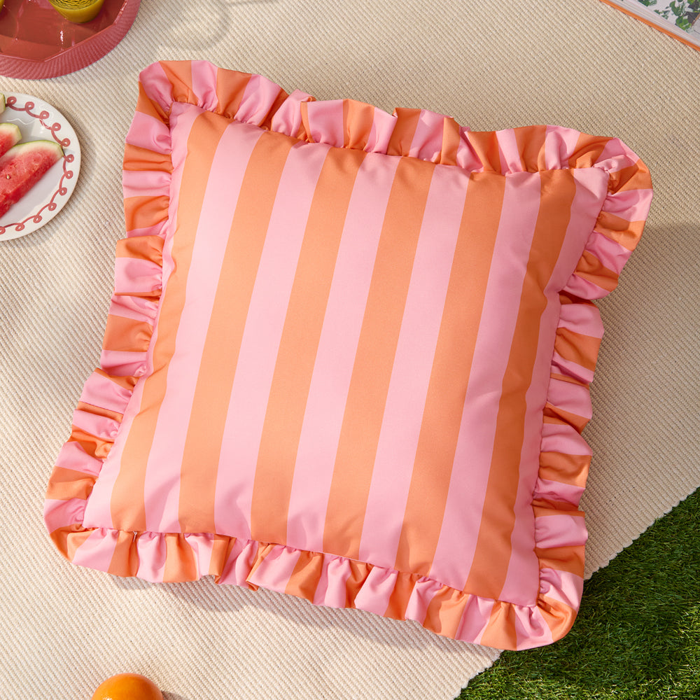 Striped Pink Cushions - Palm Royale Stripe Ruffle Printed Outdoor Cushion Cover Pink/Orange Furn