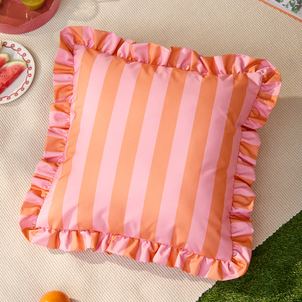 Striped Pink Cushions - Palm Royale Stripe Ruffle Printed Outdoor Cushion Cover Pink/Orange Furn