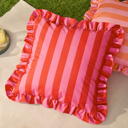 Striped Pink Cushions - Palm Royale Stripe Ruffle Printed Outdoor Cushion Cover Pink/Red Furn