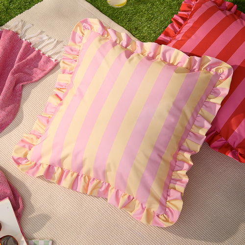 Striped Pink Cushions - Palm Royale Stripe Ruffle Printed Outdoor Cushion Cover Pink/Yellow Furn
