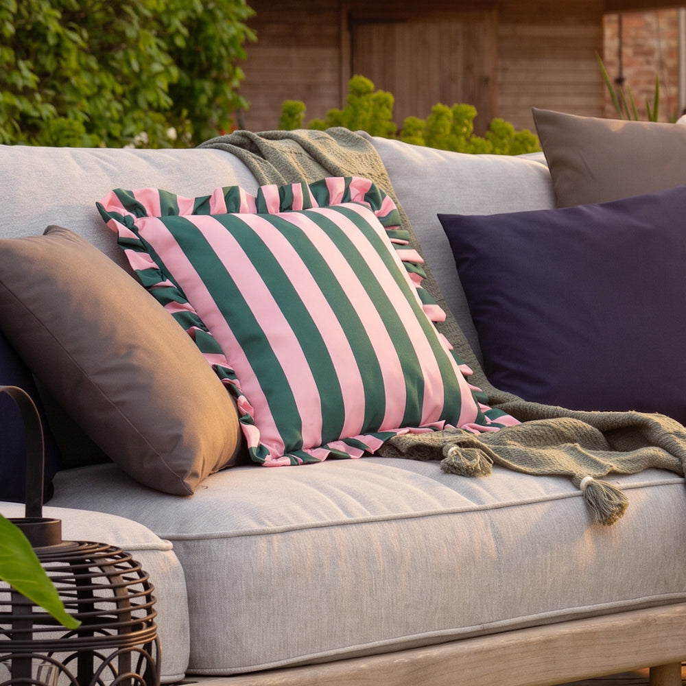 Palm Royale Stripe Ruffle Printed Outdoor Cushion Pink/Green