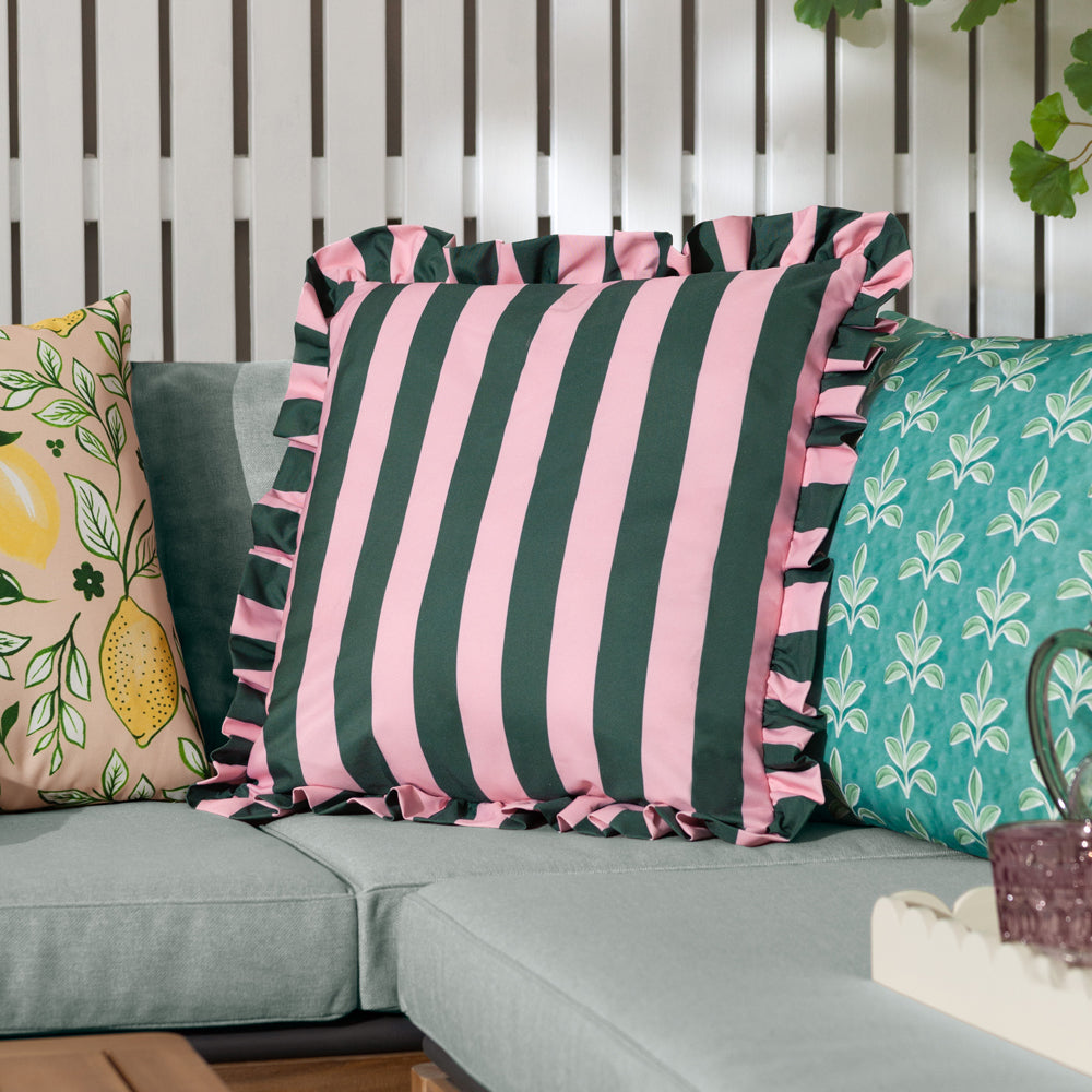 Palm Royale Stripe Ruffle Printed Outdoor Cushion Pink/Green