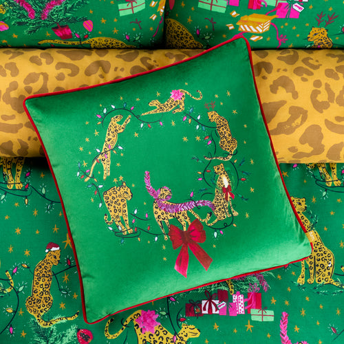Animal Green Cushions - Purrfect Leaping Leopards Cushion Cover Green/Gold furn.