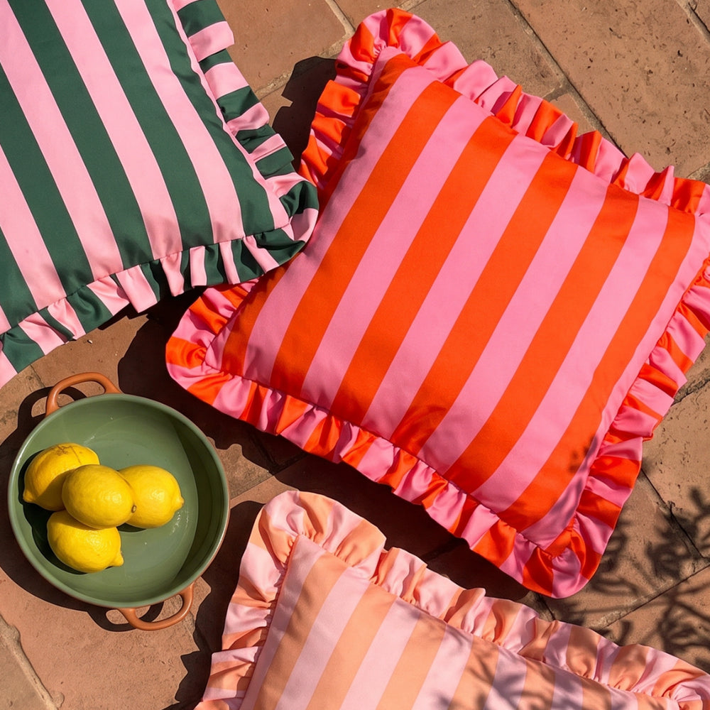 Palm Royale Stripe Ruffle Printed Outdoor Cushion Pink/Green