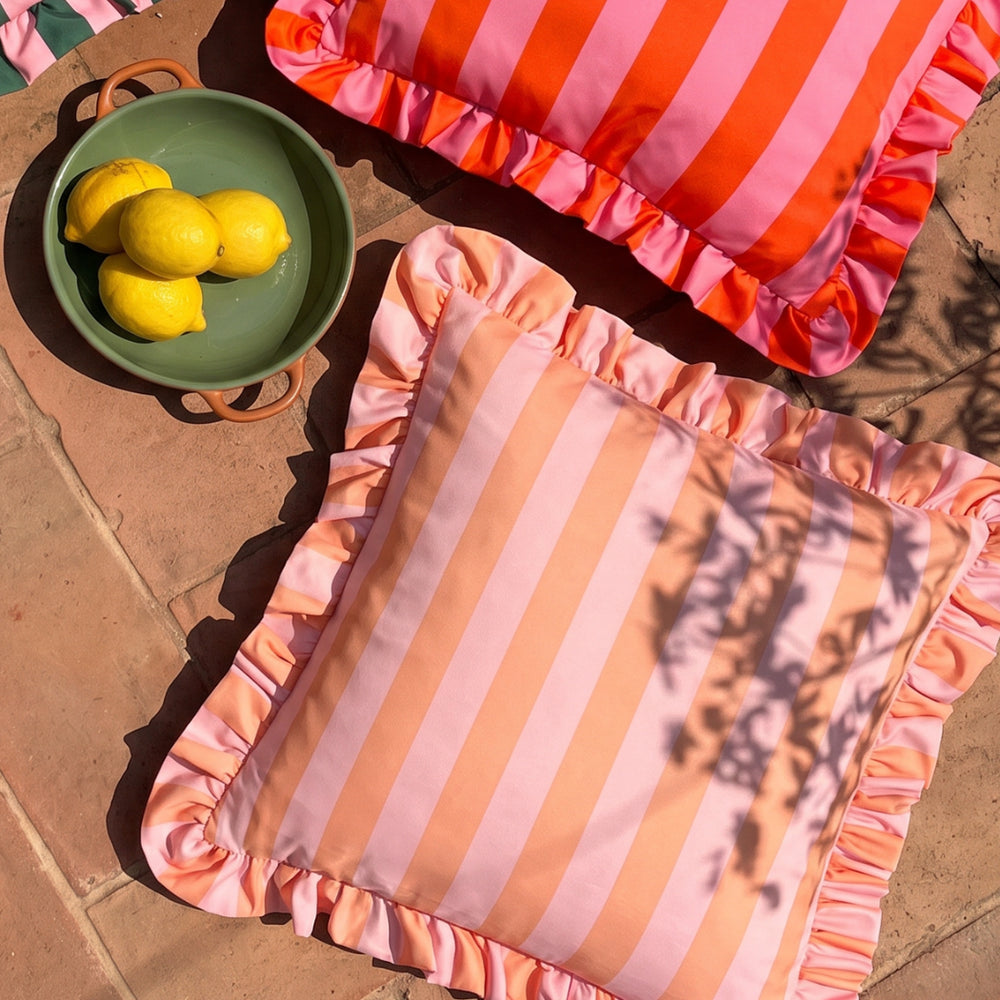 Palm Royale Stripe Ruffle Printed Outdoor Cushion Pink/Red
